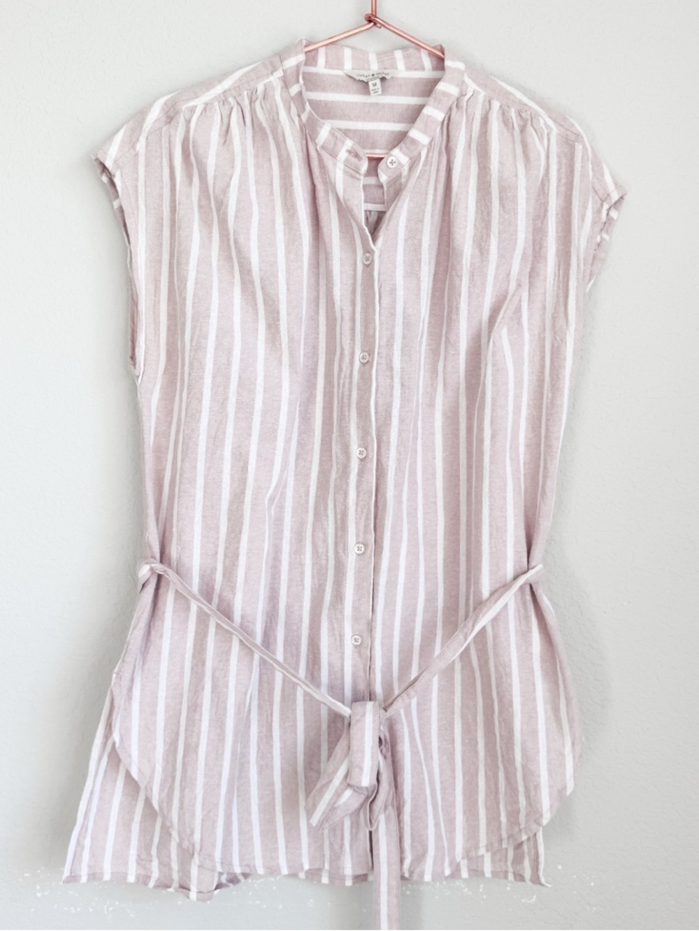 Lucky Brand Pink White Striped Cotton Tie Waist Blouse Size M
